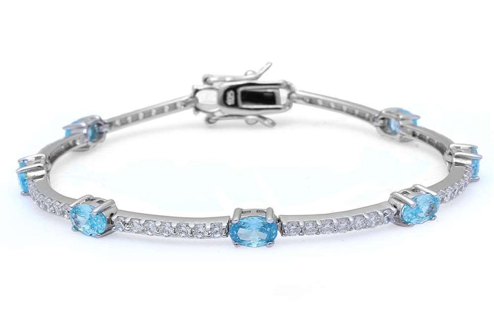 Oval Aquamarine and Cubic Zirconia .925 Sterling Silver Bracelet