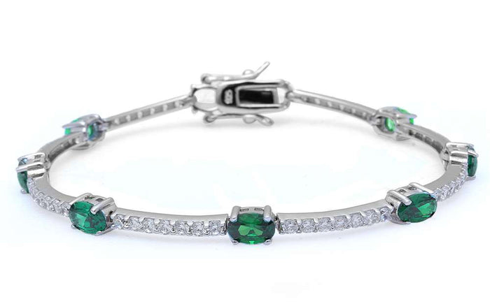 Oval Emerald and Cubic Zirconia .925 Sterling Silver Bracelet