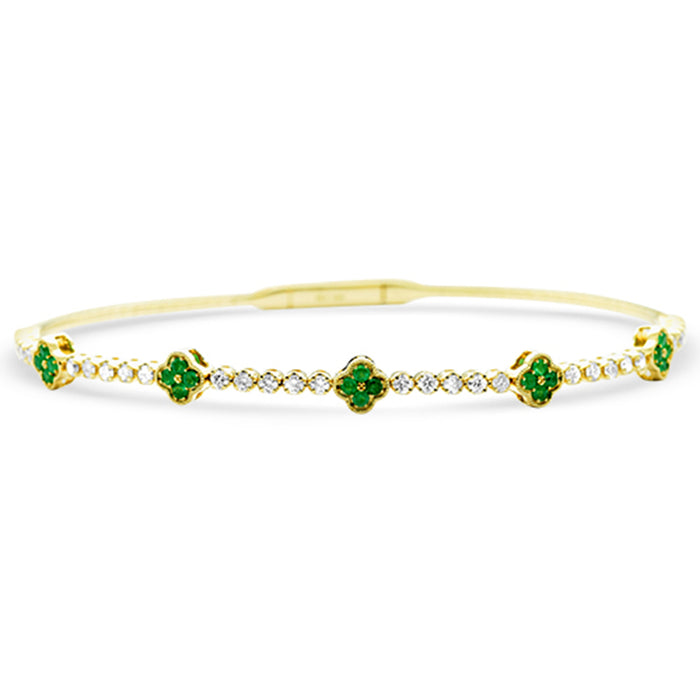 SPECIAL!.88ct G SI 14K Yellow Gold Diamond & Emerald Gemstone Clover Design Bangle Bracelet