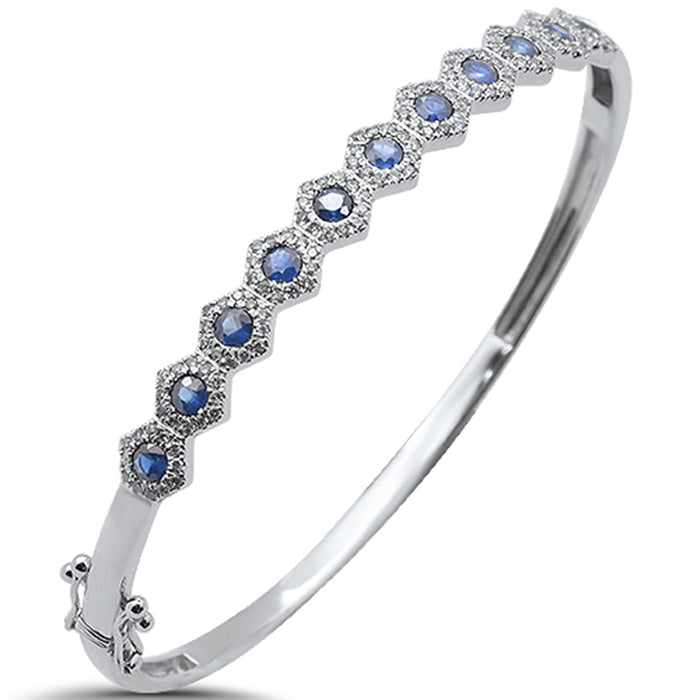 SPECIAL! 2.16ct G SI 14K White Gold Octagon Shape Diamond & Blue Sapphire Gemstone Bangle Bracelet