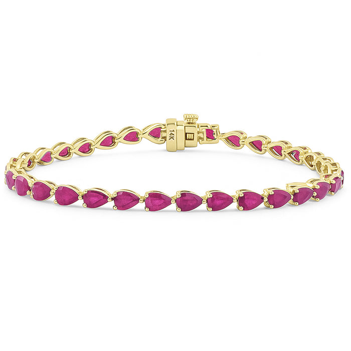 SPECIAL! 6.82ct G SI 14K Yellow Gold Pear Shaped Ruby Gemstone Tennis Bracelet 7" Long