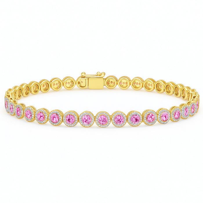 SPECIAL! 3.47ct G SI 14KT Yellow Gold Diamond & Pink Sapphire Gemstone Halo Tennis Bracelet 7.25"