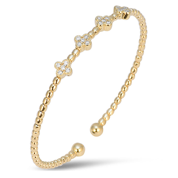 SPECIAL! .32ct G SI 14kt Yellow Gold Diamond Beaded Clover Open Cuff Bangle