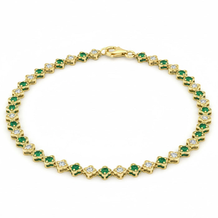SPECIAL! 1.35ct G SI 14kt Yellow Gold Diamond & Emerald Gemstone Clover Bracelet 7.25" Long
