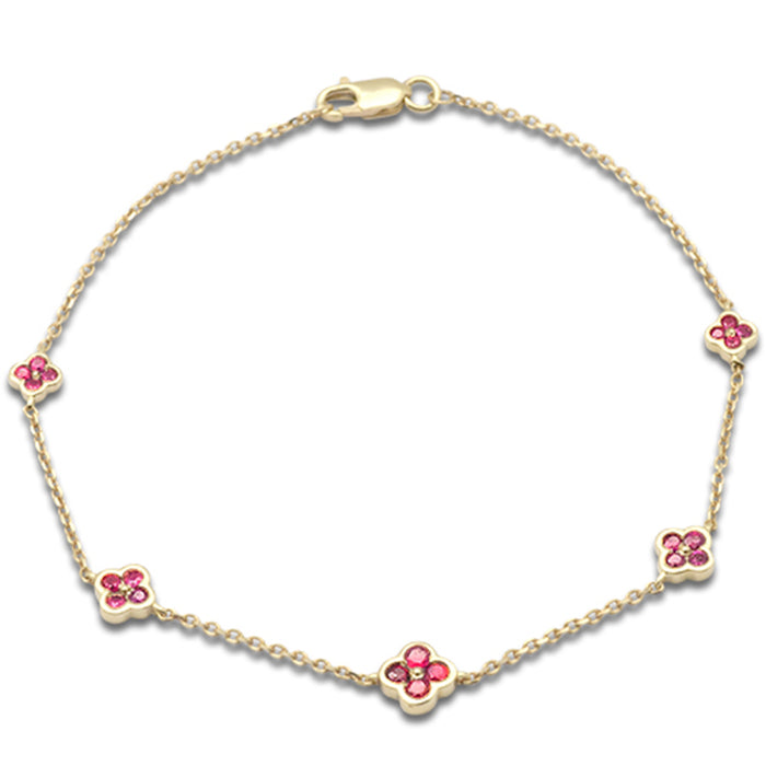 SPECIAL! .62ct 14K Yellow Gold Ruby Gemstones Flower Bracelet 7" Long