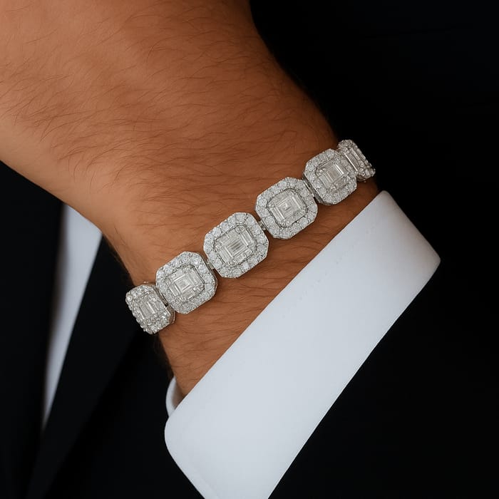 DIAMOND CLOSEOUT! 12mm 15.16ct G SI 14K White Gold Round & Baguette Diamond Bracelet 8"
