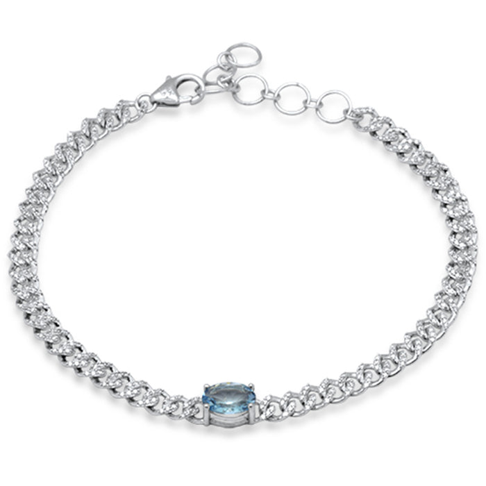 DIAMOND CLOSEOUT! 1.26ct G SI 14K White Gold Oval Aqua Gemstone & Diamond Cuban Bracelet 6+1.5" Long