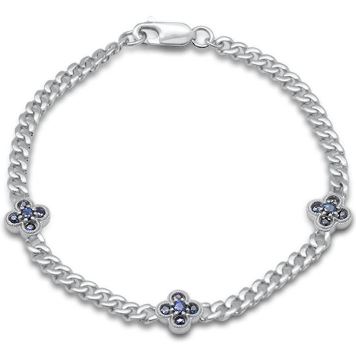 SPECIAL! .70ct G SI 14K White Gold Blue Sapphire Gemstone Flower Cuban Bracelet 7" Long