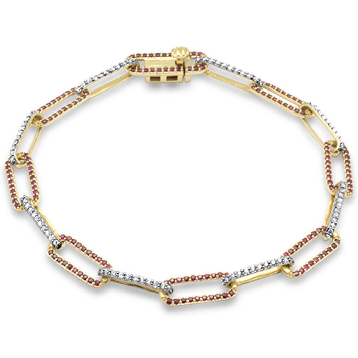 SPECIAL! 1.73ct G SI 14K Yellow Gold Diamond & Ruby Gemstone Paper Clip Link Bracelet 8"Long