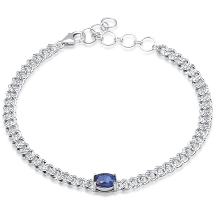 SPECIAL!1.11ct G SI 14K White Gold Oval Blue Sapphire Gemstone & Diamond Cuban Bracelet 6+1.5" Long