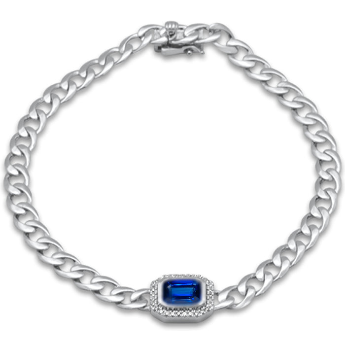 DIAMOND CLOSEOUT! 1.43ct G SI 14K White Gold Diamond & Blue Sapphire Cuban Bracelet 7" Long