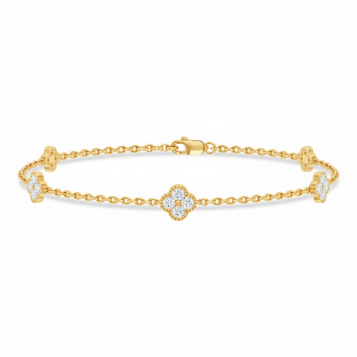 SPECIAL! .45ct 14k Yellow Gold Diamond Flower Chain Bracelet 7"