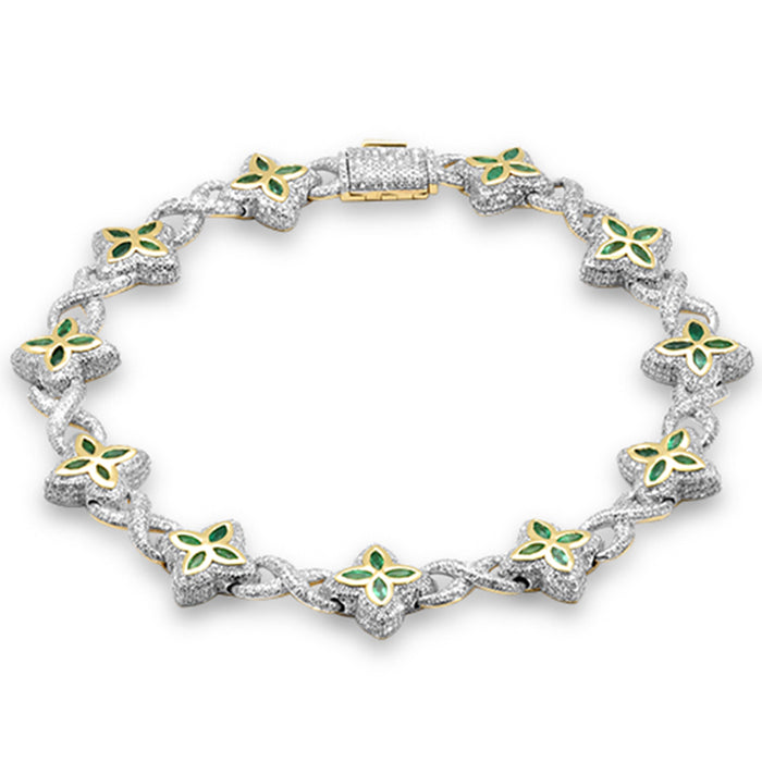 SPECIAL!4.35ct G SI 14K Yellow Gold Diamond & Emerald Gemstone Clover Infinity Bracelet 8" Long