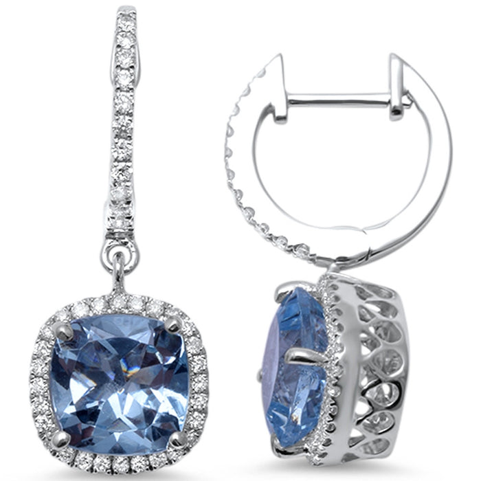 GEMSTONE CLOSEOUT! 3.02cts Cushion Cut Aquamarine Gemstone & Diamond 14k White Gold Earrings