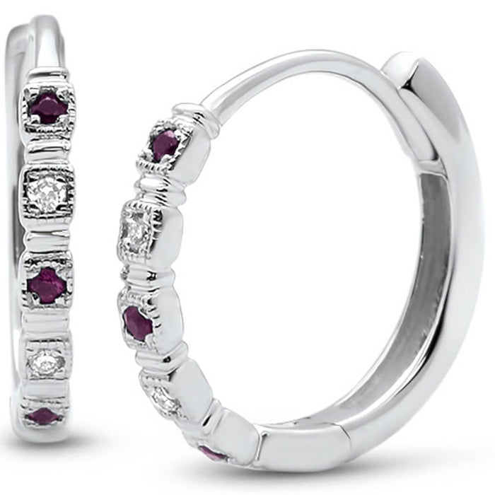 GEMSTONE CLOSEOUT ! .10ct G SI 14k White Gold Diamond & Ruby Hoop Huggie Earrings