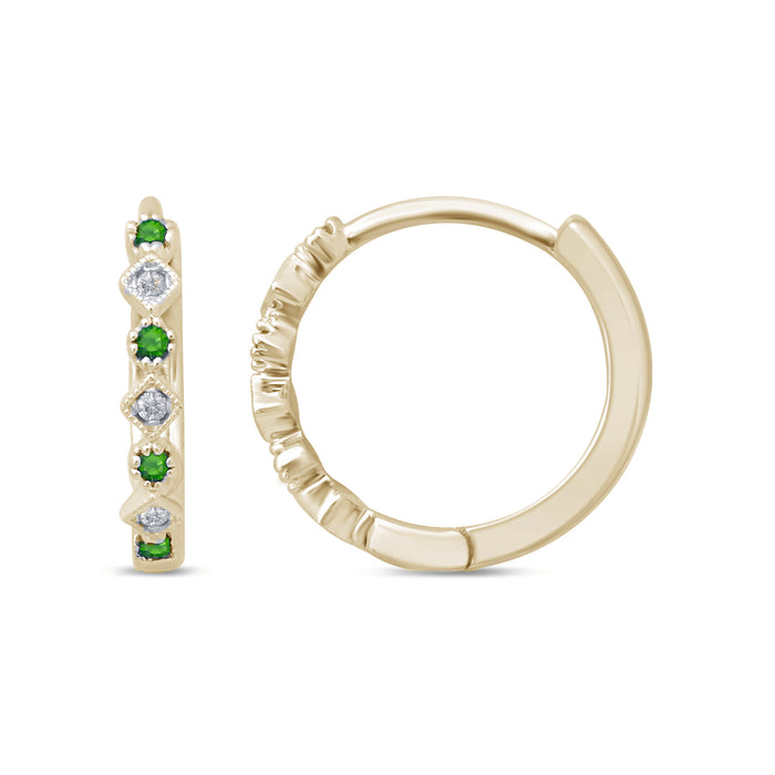 GEMSTONE CLOSEOUT! .15ct 14k Yellow Gold Diamond & Emerald Hoop Huggie Antique Earrings