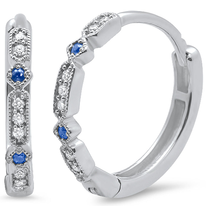 GEMSTONE CLOSEOUT ! .21ct 14k White Gold Blue Sapphire & Diamond Hoop Antique Earrings