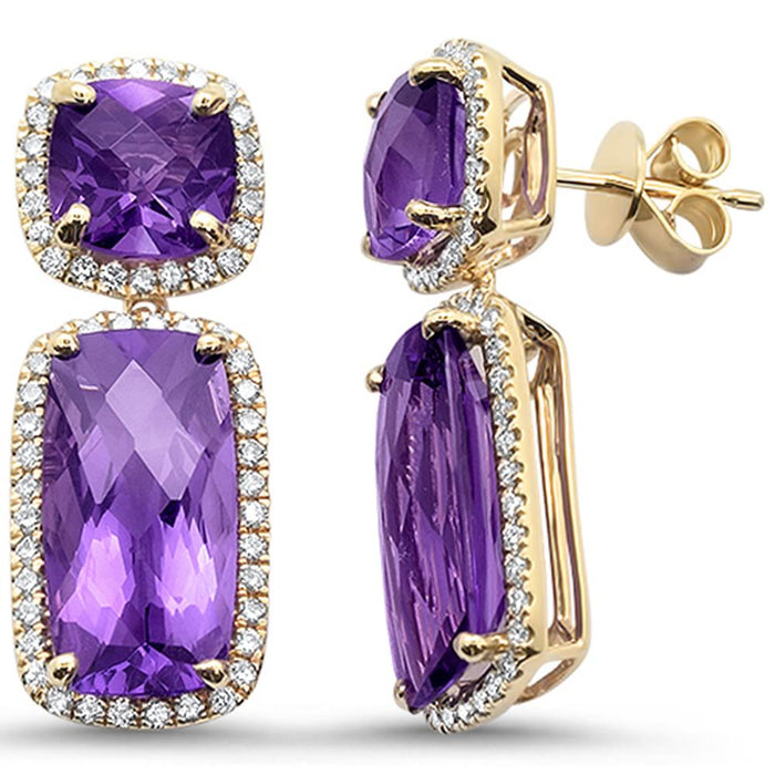 GEMSTONE CLOSEOUT! 14.33ct 10k Yellow Gold Cushion Amethyst & Diamond Designer Earrings