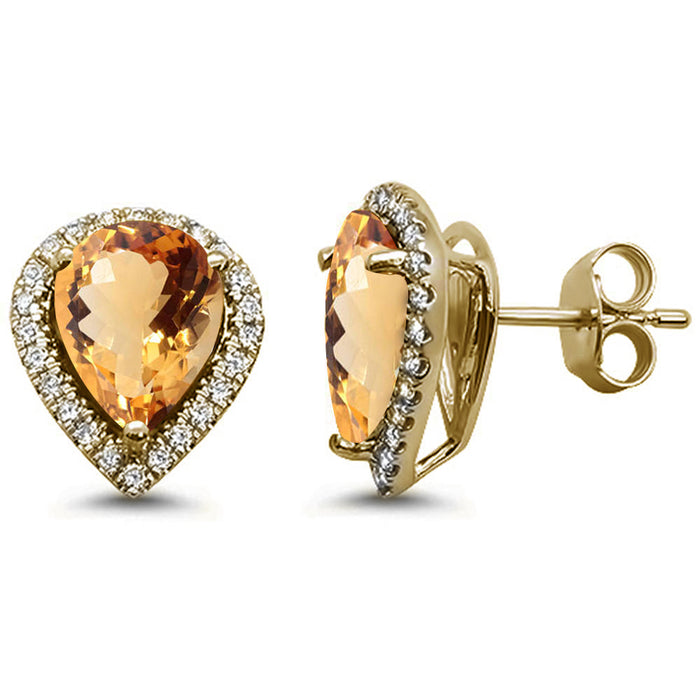 DIAMOND CLOSEOUT! 3.44ct 14k Yellow Gold Pear Cut Natural Citrine & Diamond Earrings