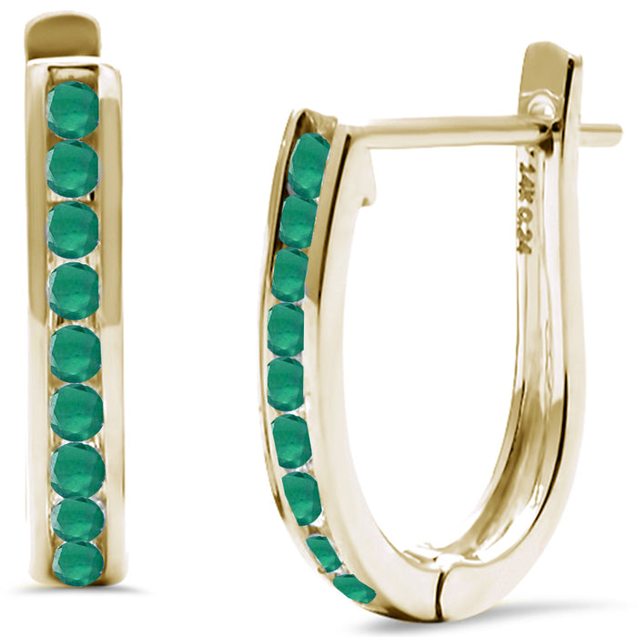DIAMOND CLOSEOUT! .15ct G SI 14K Yellow Gold Natural Emerald Gemstone J Hoop Earrings