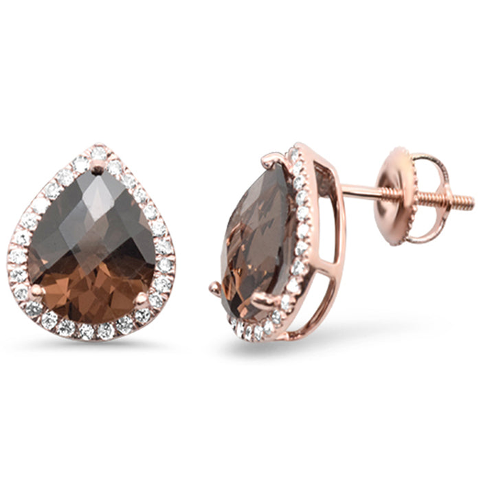 DIAMOND CLOSEOUT! 4.03ct G SI 14K Rose Gold Pear Shaped Smoky Topaz Gemstone & Diamond Earrings
