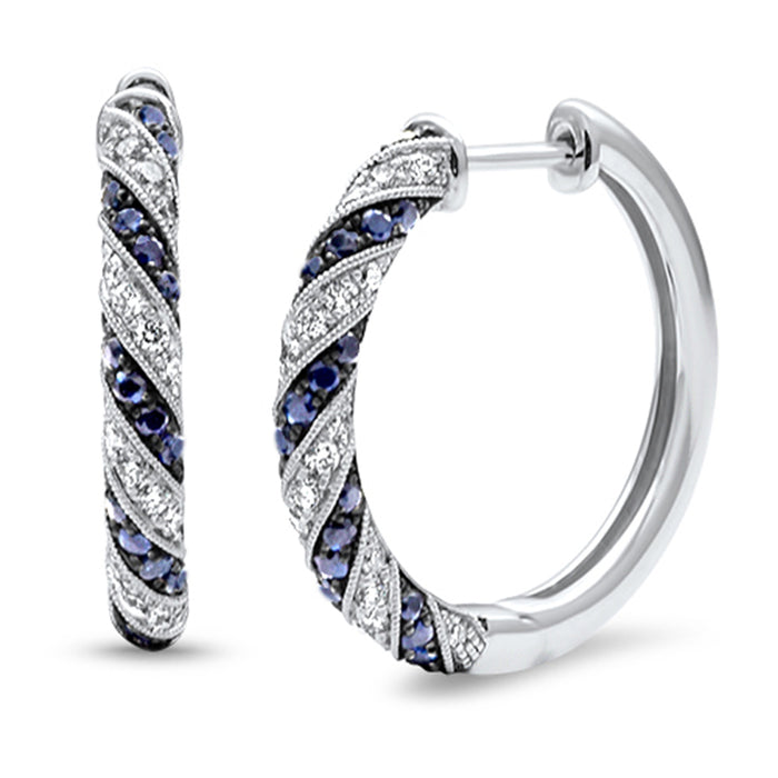 DIAMOND CLOSEOUT! 1.19ct G SI 14K White Gold Diamond & Blue Sapphire Gemstone Post & Click Hoop Earrings