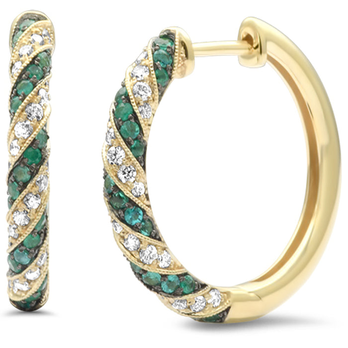 DIAMOND CLOSEOUT! 1.03ct G SI 14K Yellow Gold Diamond & Emerald Gemstone Hoop Earrings