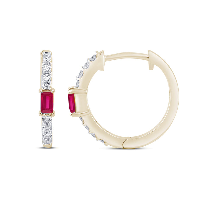 SPECIAL! .49ct G SI 14K Yellow Gold Diamond & Baguette Ruby Gemstone Hoop Post & Click Earings