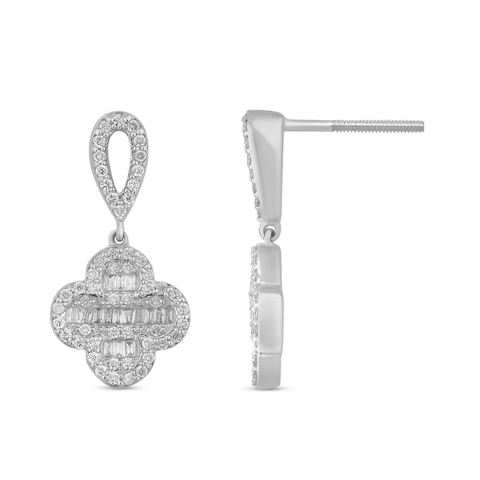 DIAMOND CLOSEOUT! .70ct G SI 14K White Gold Diamond Round & Baguette Clover Drop Earrings