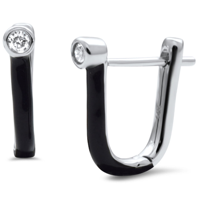 DIAMOND CLOSEOUT! .08ct G SI 14K White Gold Diamond & Black Enamel Hoop Earrings