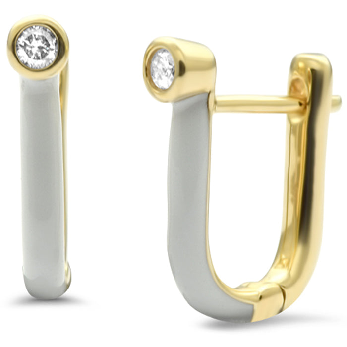 .08ct G SI 14K Yellow Gold Diamond & White Enamel Hoop Earrings