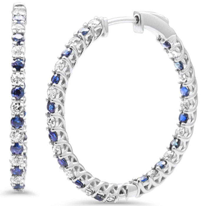 DIAMOND CLOSEOUT! 3.39ct G SI 14K White Gold Diamond & Blue Sapphire Hoop Earrings