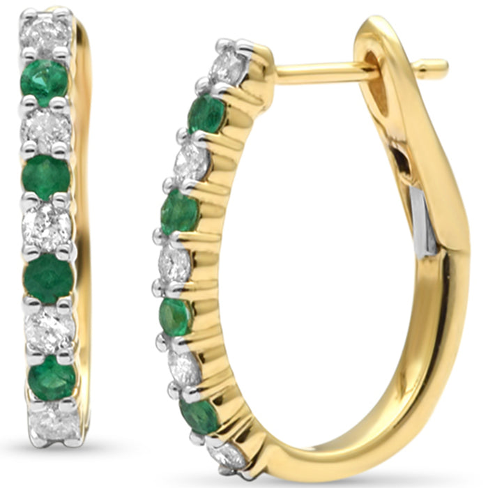 SPECIAL! .52ct G SI 14K Yellow Gold Diamond & Emerald J Hoop Earrings