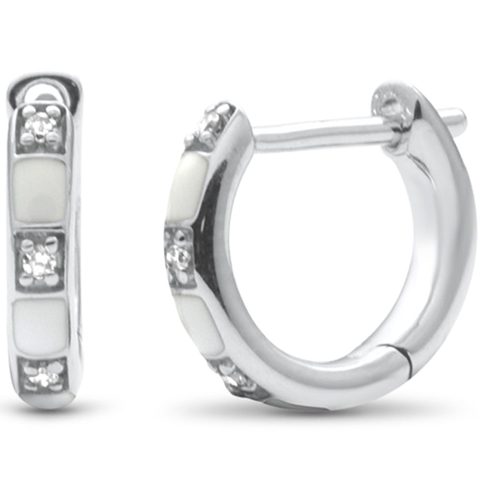 .04ct G SI 14K White Gold Diamond & White Enamel Hoop Earrings