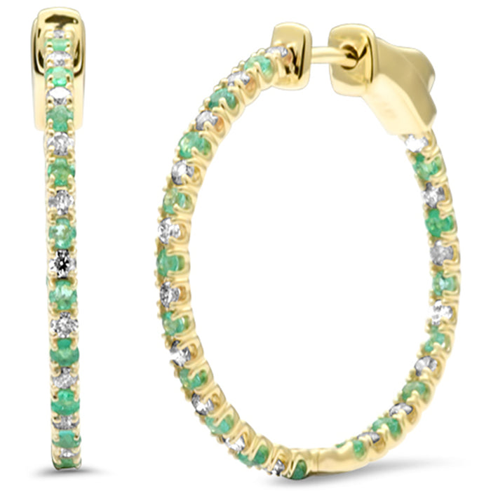 DIAMOND CLOSEOUT! .93ct G SI 14K Yellow Gold Diamond & Emerald Hoop Earrings