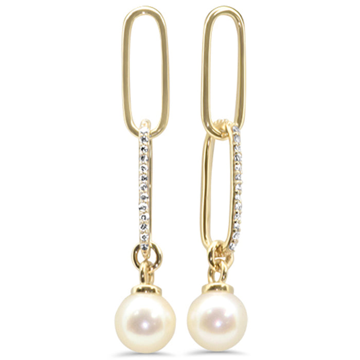 DIAMOND CLOSEOUT! .10ct G SI 14K Yellow Gold Diamond Pearl Paper Clip Drop Earrings