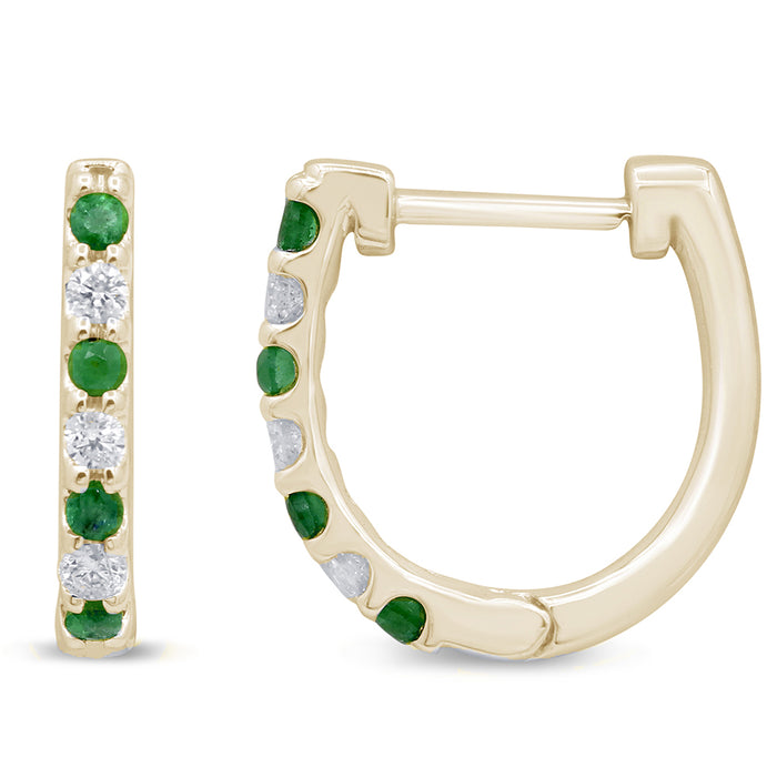 .21ct G SI 14K Yellow Gold Diamond & Emerald Gemstones Petite Hoop Earrings