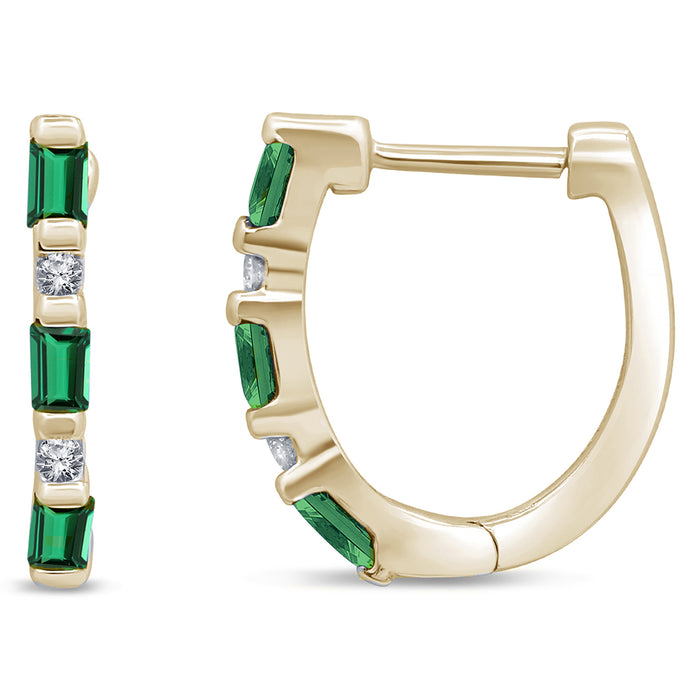 SPECIAL! .25ct G SI 14K Yellow Gold Diamond & Natural Emerald Gemstones Hoop Earrings