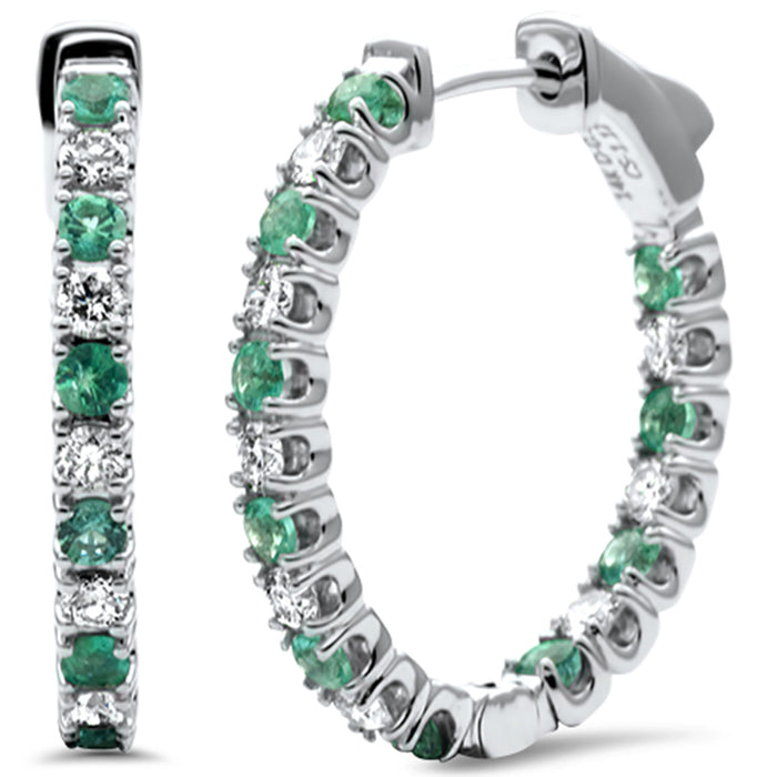 SPECIAL!2.02ct G SI 14K White Gold Diamond & Genuine Emerald Gemstones Hoop Earrings