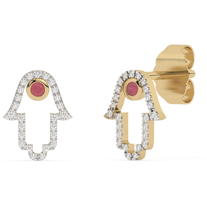 SPECIAL!.24ct G SI 14K Yellow Gold Diamond & Ruby Gemstones Hamsa Earrings
