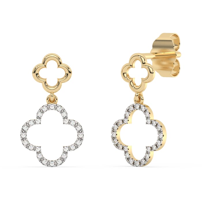 .10ct G SI 14K Yellow Gold Diamond Clover Dangling Earrings