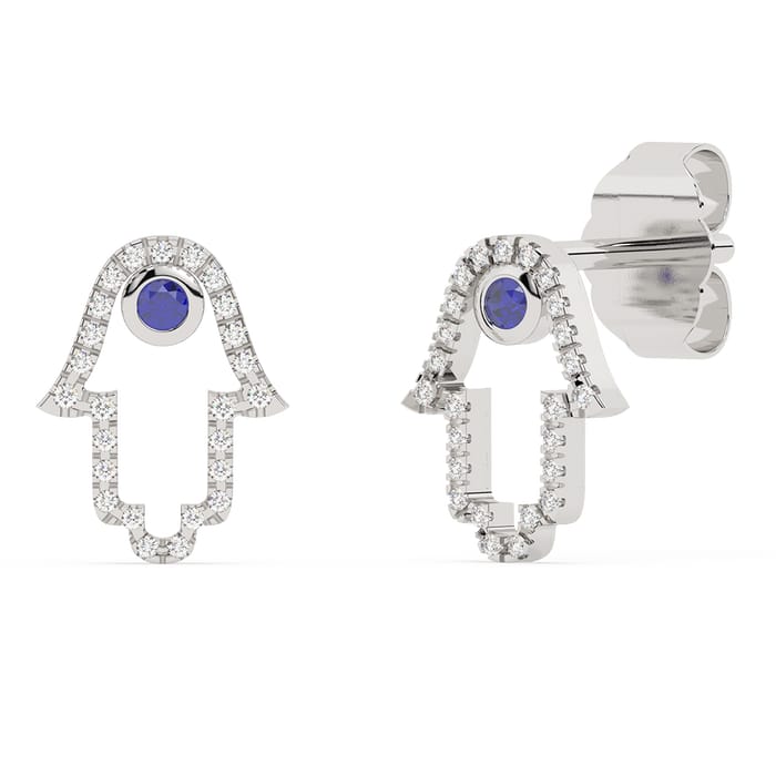 SPECIAL!.25ct G SI 14K White Gold Diamond & Blue Sapphire Gemstones Hamsa Earrings