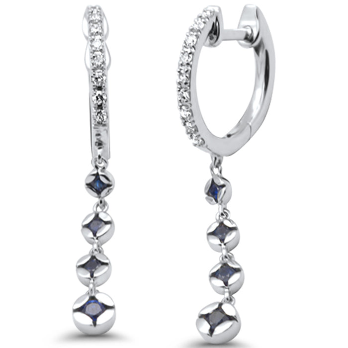SPECIAL! .39 G SI 14K White Gold Diamond Blue Sapphire Gemstones Dangling Hoop Earrings