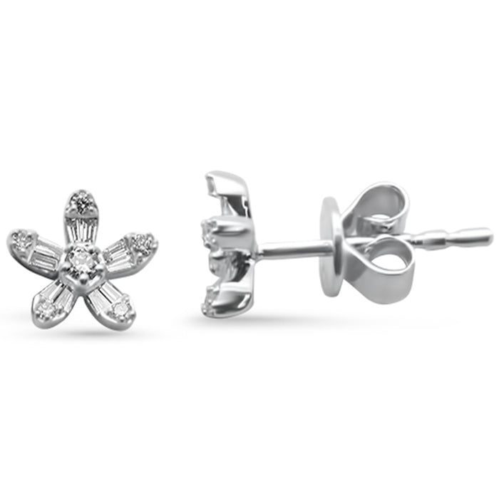 .16ct G SI 14K White Gold Round & Baguette Diamond Flower Earrings