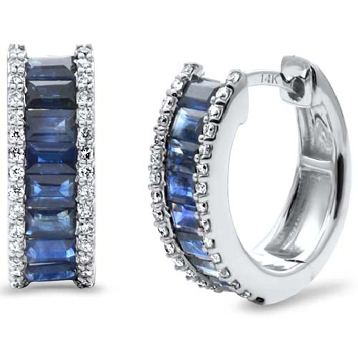 SPECIAL! 1.94ct G SI 14K White Gold Diamond & Blue Sapphire Gemstones Hoop Earrings