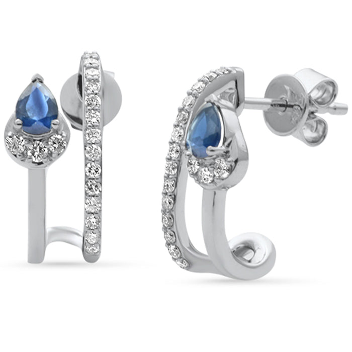 SPECIAL! .60ct G SI 14K White Gold Diamond & Blue Sapphire Double Shank J Hoop Earrings