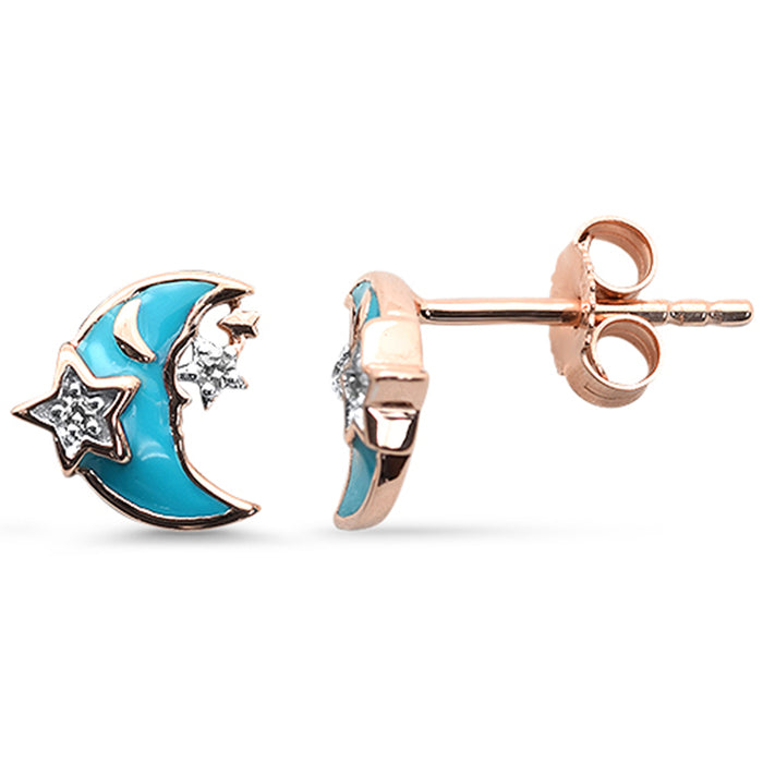 .03ct G SI 14K Rose Gold Diamond Star and Moon Blue Enamel Whimsical Earrings