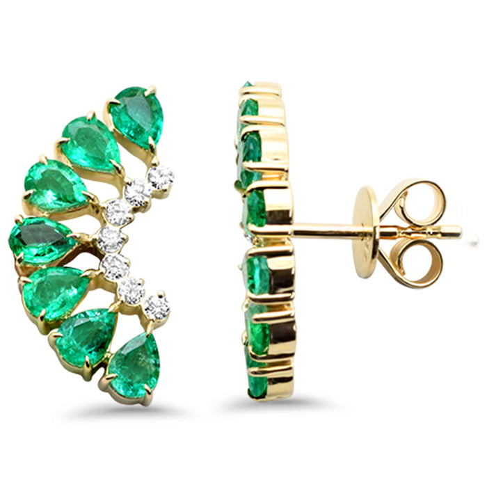 SPECIAL! 2.06ct G SI 14K Yellow Gold Diamond & Pear Shape Emerald Gemstone Ear Crawler Earrings