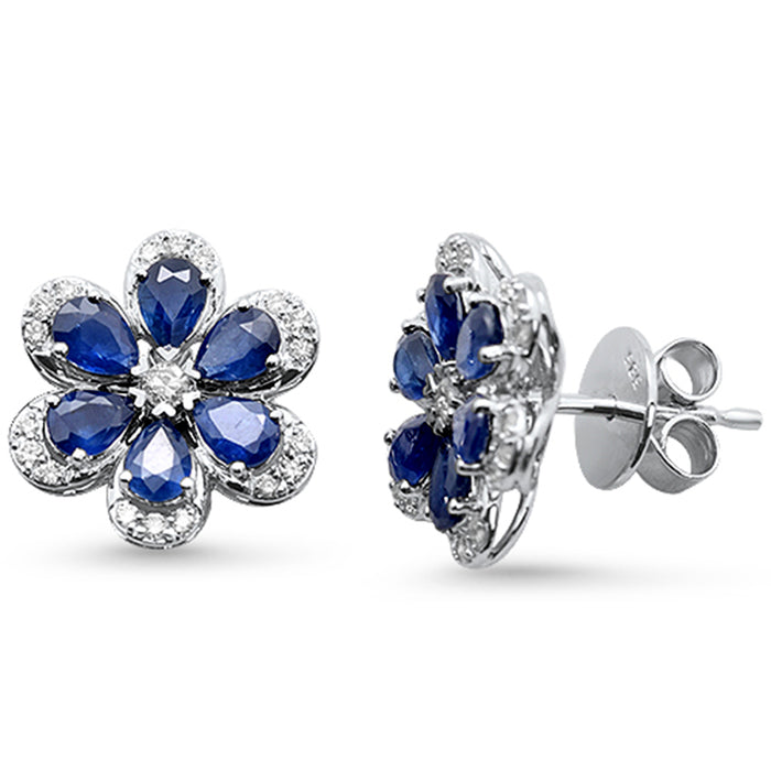 SPECIAL! 2.75ct G SI 14K White Gold Diamond & Blue Sapphire Gemstone Flower Earrings