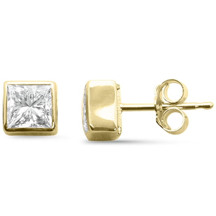 SPECIAL! 1.06ct G SI 14K Yellow Gold Bezel Set Princess Cut Diamond Stud Earrings